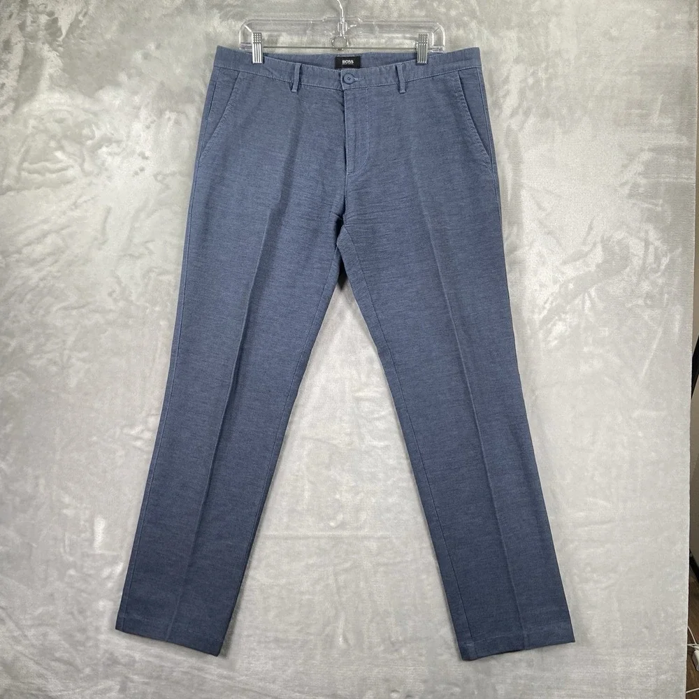 HUGO BOSS Pants Mens 34x30 Pleated Dress Slacks Cotton Stretch Chino Blue Casual